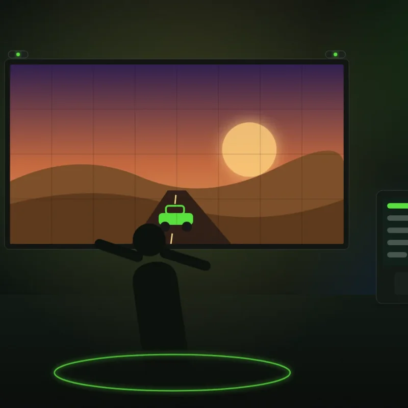 Illustration of a player leaning in front of an LED wall showing a desert road game at dusk, with a leaderboard kiosk beside the stand