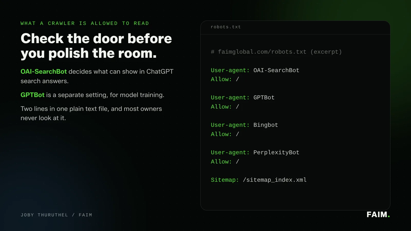 Excerpt of the faimglobal.com robots.txt file allowing OAI-SearchBot, GPTBot, Bingbot and PerplexityBot