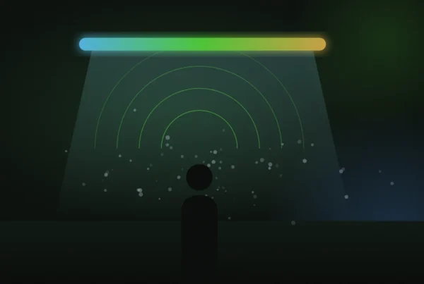 Illustration of a guest standing under coloured light with sound waves and a fine scented mist around them