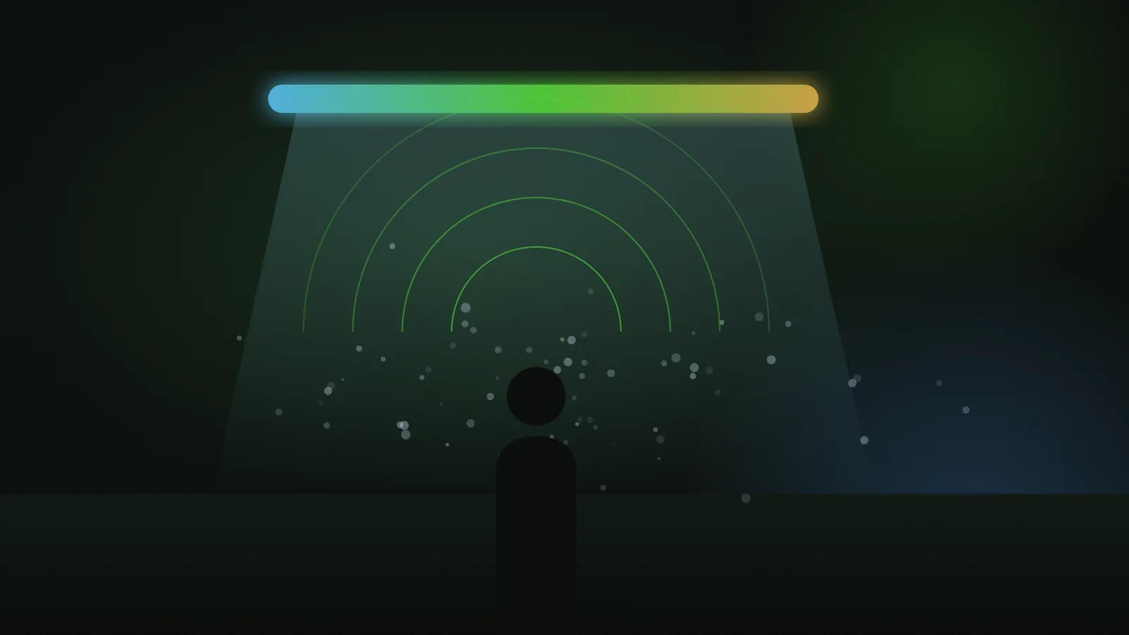 Illustration of a guest standing under coloured light with sound waves and a fine scented mist around them