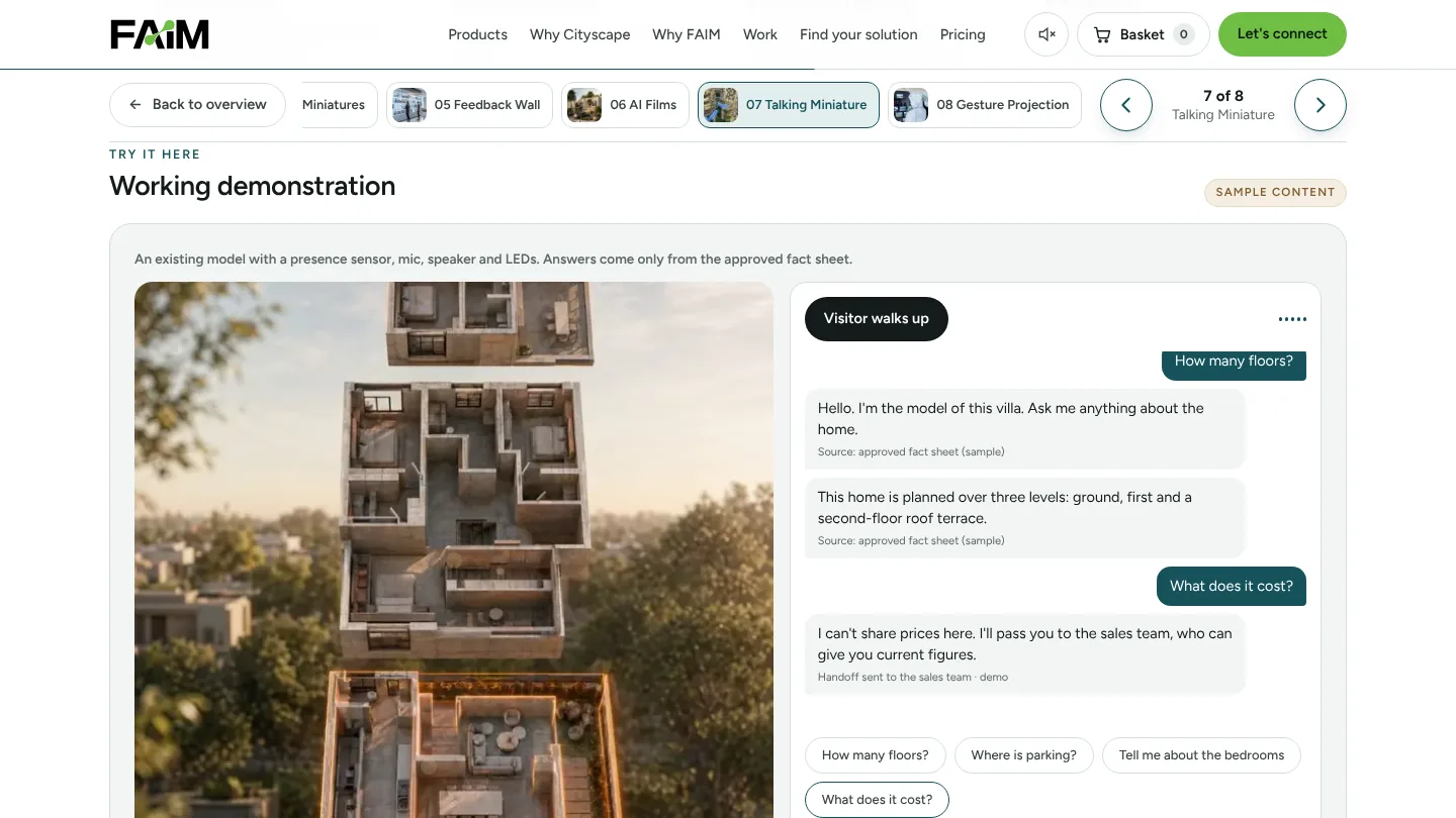 Talking AI miniature demo: villa model with presence sensor and a chat answering questions from an approved fact sheet