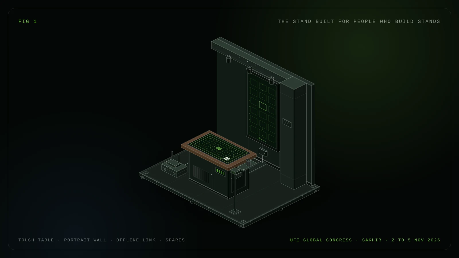 Isometric drawing of an exhibition stand with an interactive touch table showing a hall plan, a portrait wall screen, a badge scanner, a cup ledge and a spare case with a 4G router
