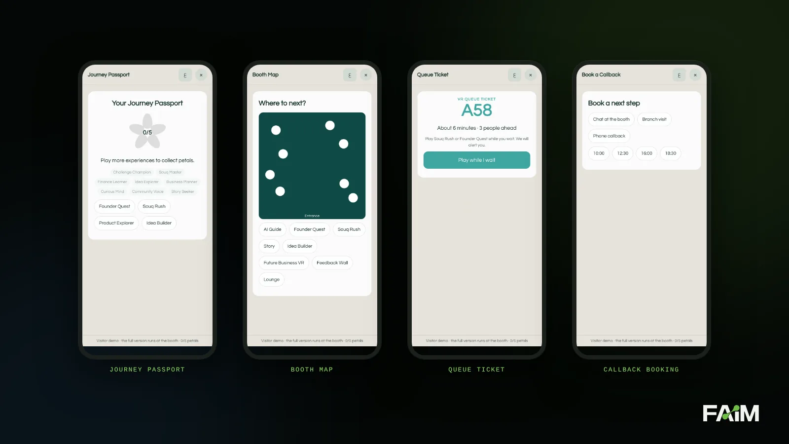 Phone screens of the journey passport, booth map, queue ticket and callback booking