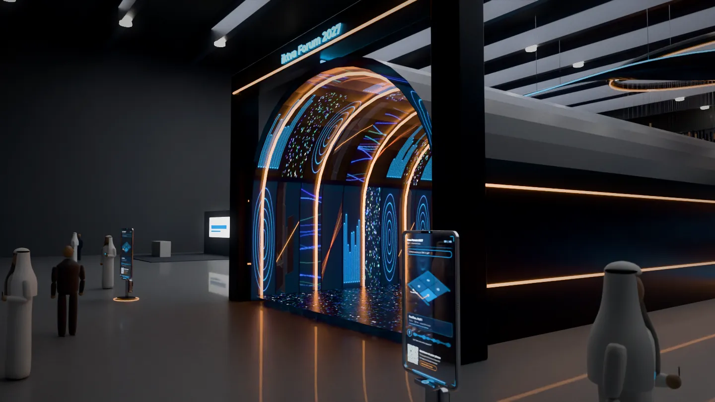 Pavilion entrance from the Hall 1 aisle at Dhahran Expo, with the LED tunnel portal and a transparent wayfinder beside it
