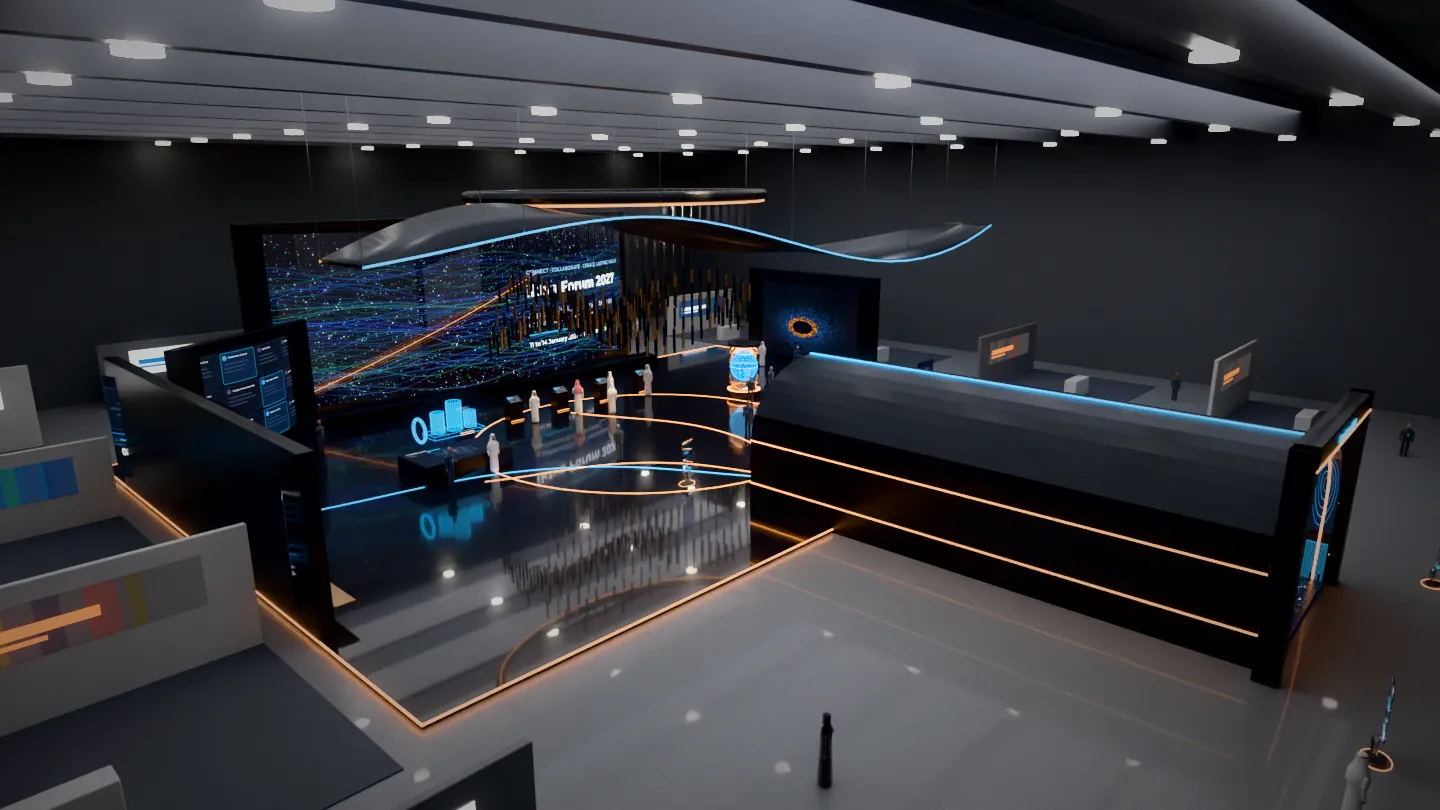 FAIM concept render of an IKTVA 2027 interactive pavilion in Hall 1 at Dhahran Expo, with a copper-arched LED tunnel, curved LED walls, a hologram, VR pads and a kinetic ceiling installation in the iktva colours