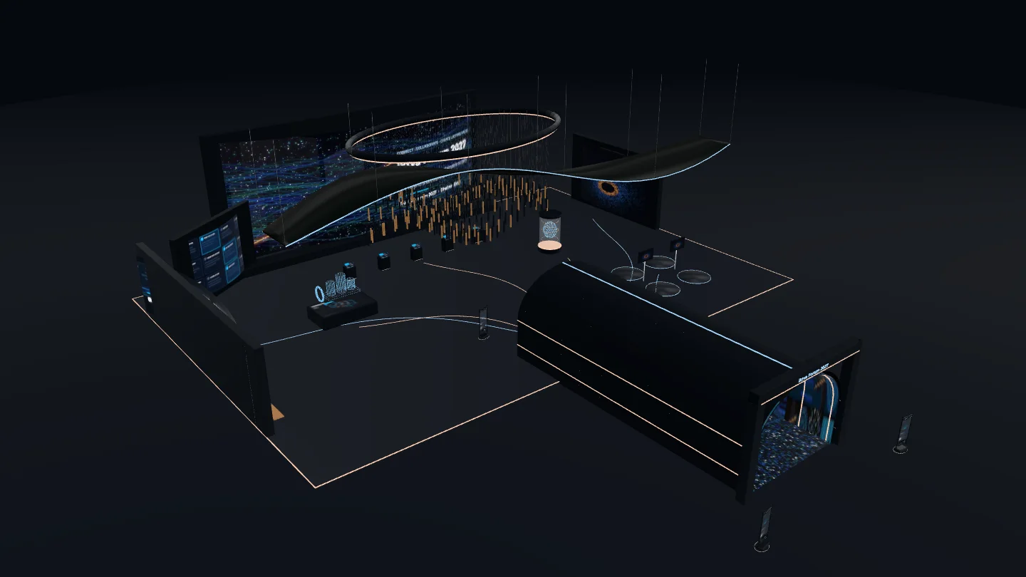 Overview of the IKTVA 2027 pavilion concept as shown in the interactive 3D explorer, with the LED tunnel, curved walls, hologram, VR pads and kinetic ceiling