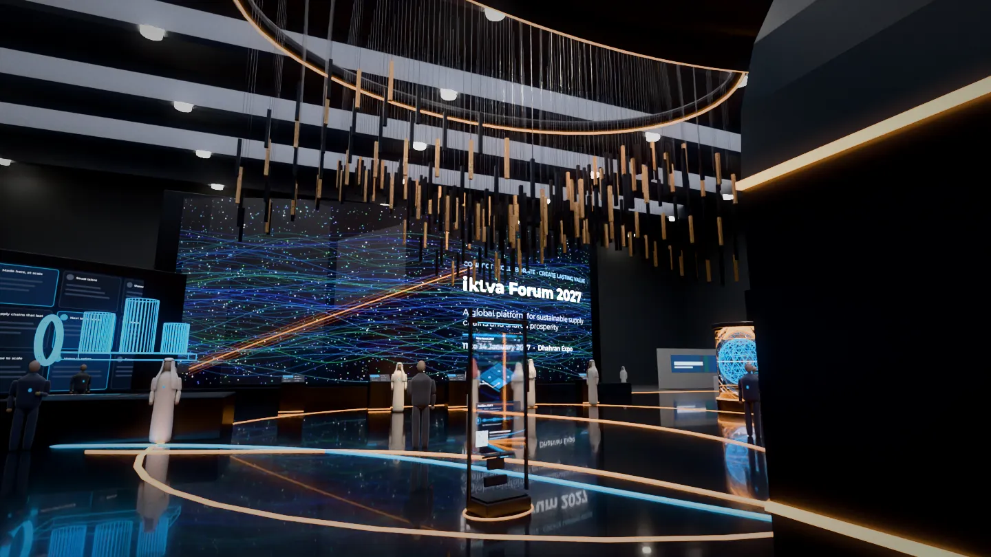 Kinetic ceiling installation of suspended copper and graphite bars in an elliptical wave over the central plaza of an exhibition pavilion