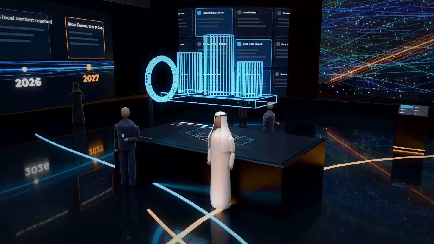Digital twin table with a floating cyan wireframe model of an industrial facility above a touch surface, beside the curved timeline wall