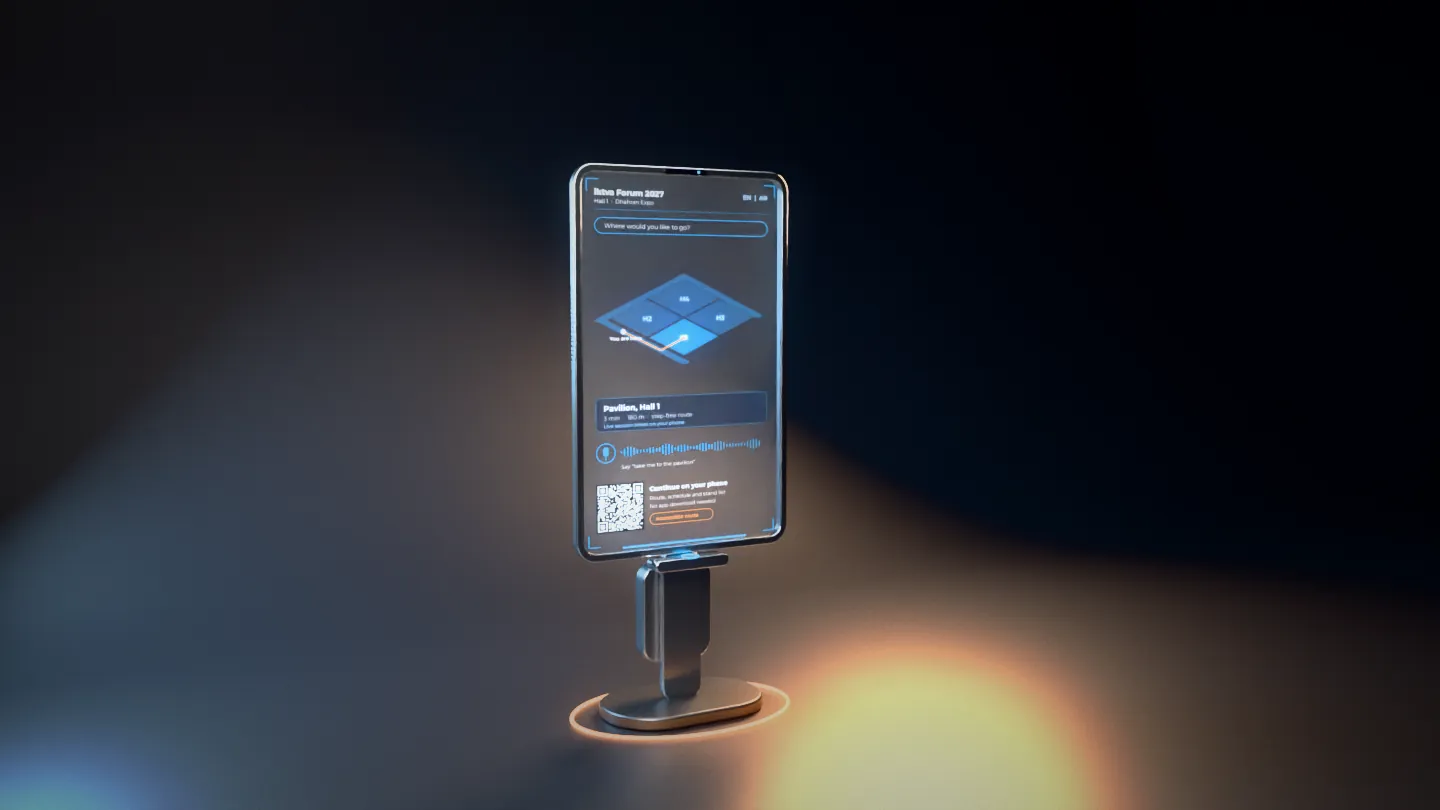 Studio render of the transparent HUD wayfinder totem with a portrait clear screen, aluminium side rails, sensor bar and copper floor halo